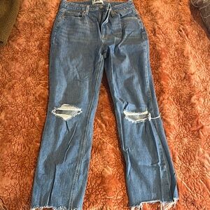 PAIGE Blue Boot Cut Jeans with Distressed Details